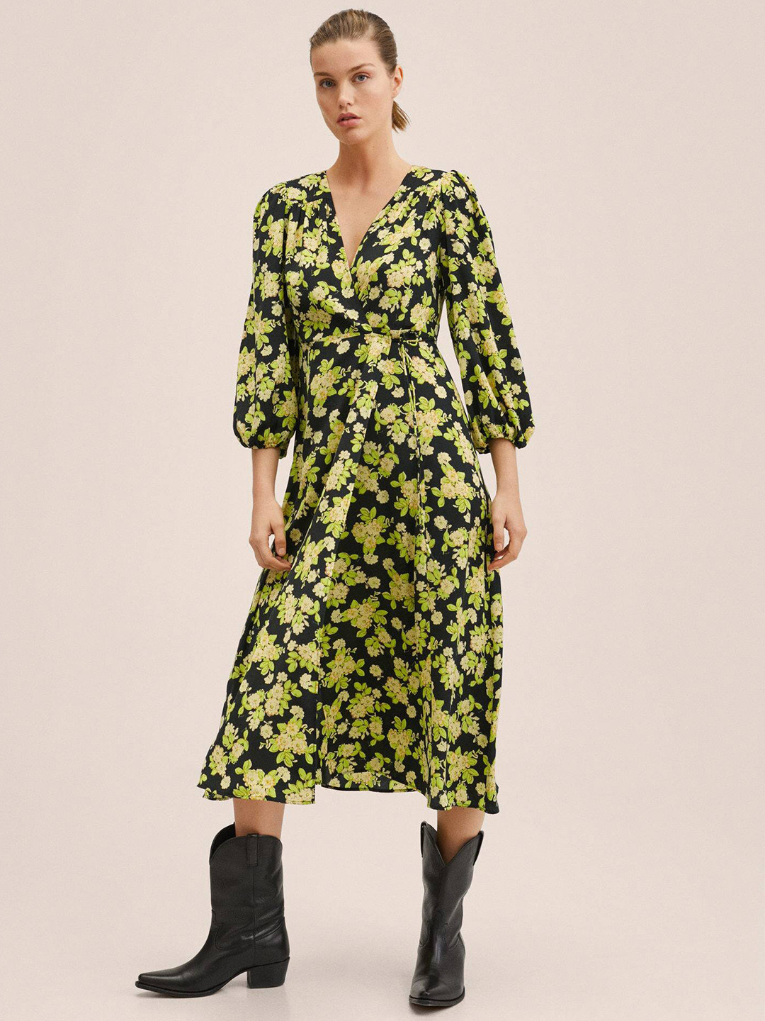 MANGO Women Black & Green Floral Printed Wrap Midi Dress