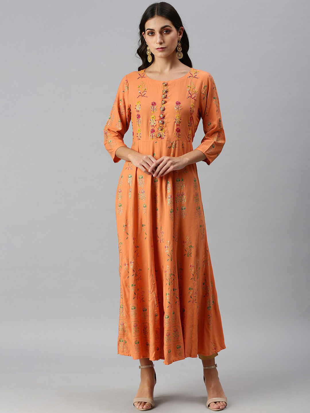 SHOWOFF Women Peach-Coloured Floral Dyed Flared Sleeves Kurta