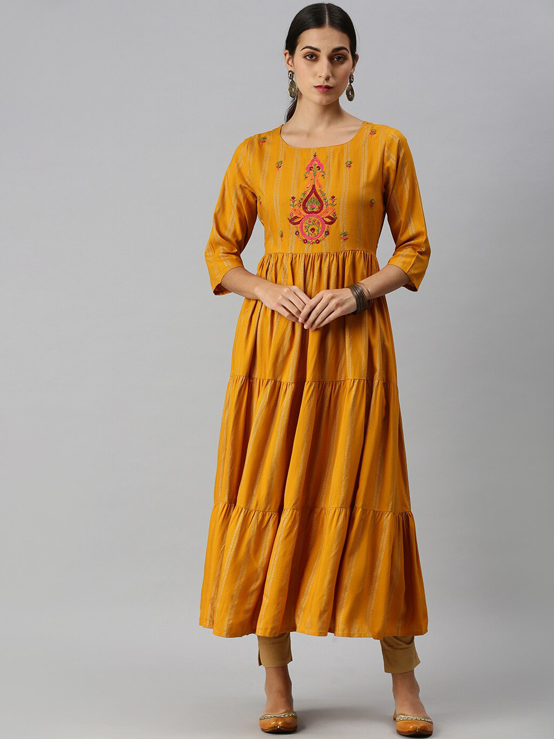 SHOWOFF Women Mustard Yellow Keyhole Neck Thread Work Kurta