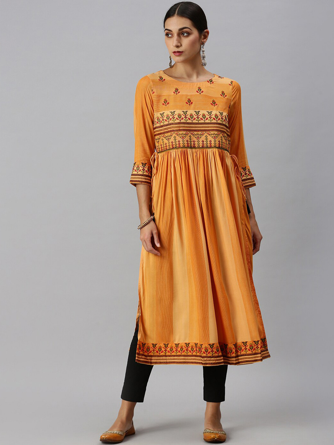 SHOWOFF Women Orange & Green Floral Embroidered Thread Work Cotton Anarkali Kurta