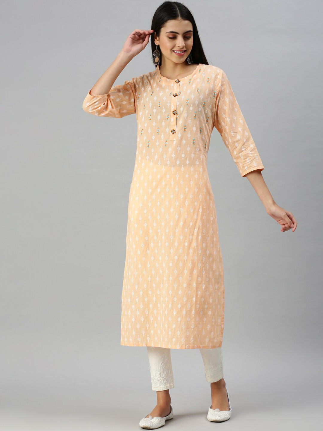 SHOWOFF Women Peach-Coloured Floral Printed Kurta
