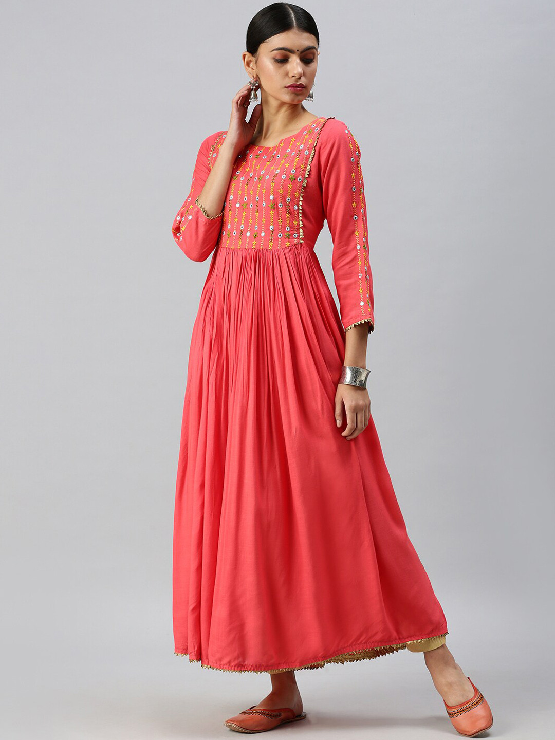 SHOWOFF Women Pink Ethnic Motifs Printed Gotta Patti Kurta