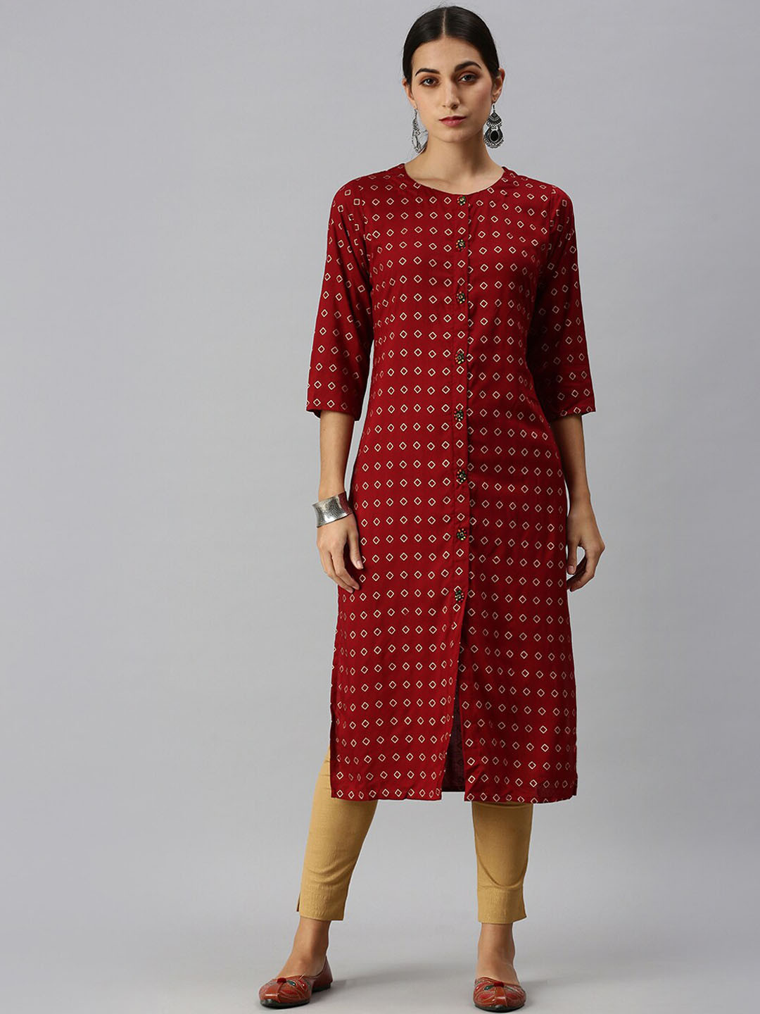 SHOWOFF Women Maroon Geometric Cold-Shoulder Sleeves Kurta