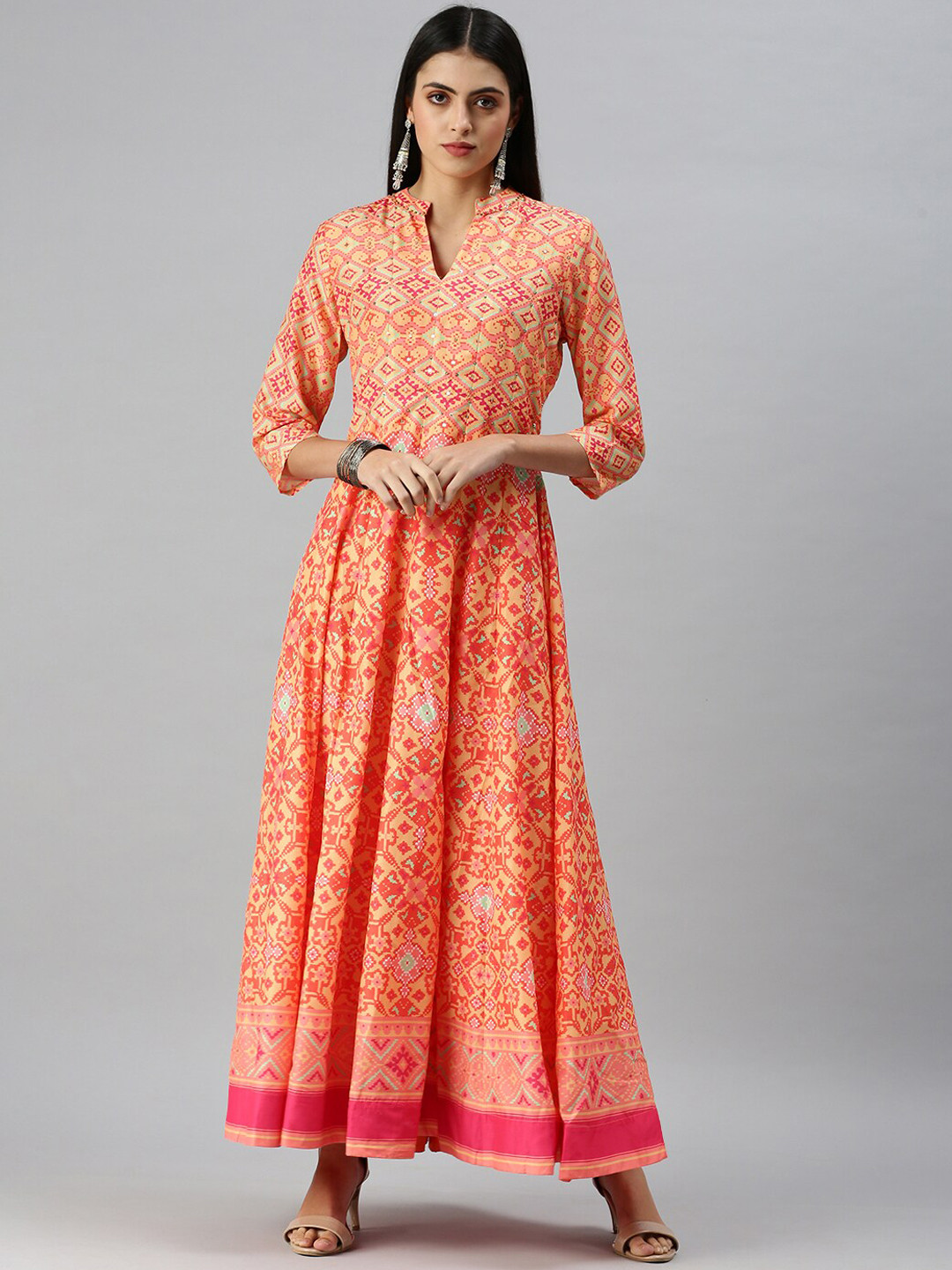 SHOWOFFFF Women Orange Ethnic Motifs Printed Anarkali Kurta