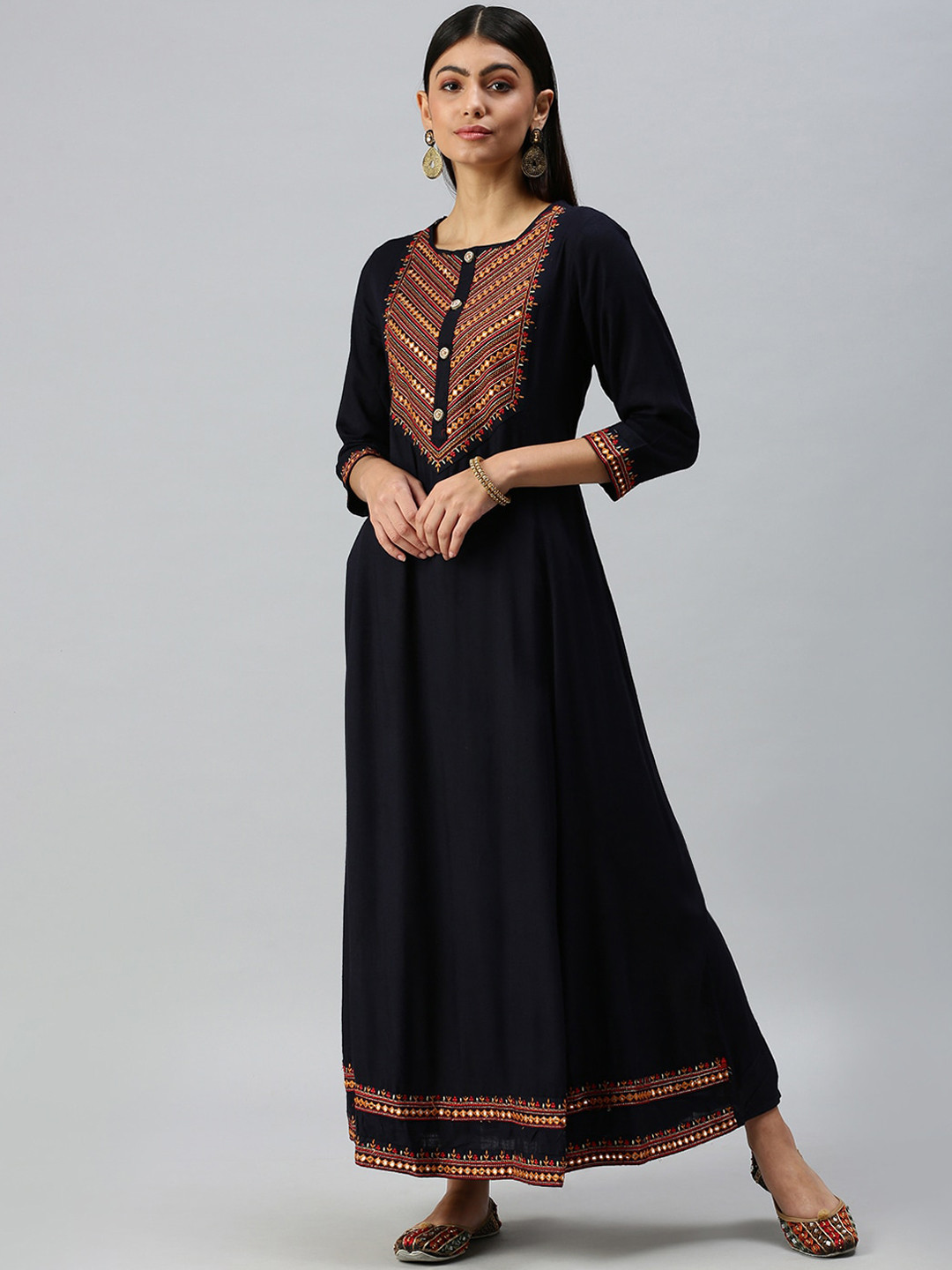 SHOWOFF Women Navy Blue & Red Geometric Yoke Design Thread Work Cotton Kurta