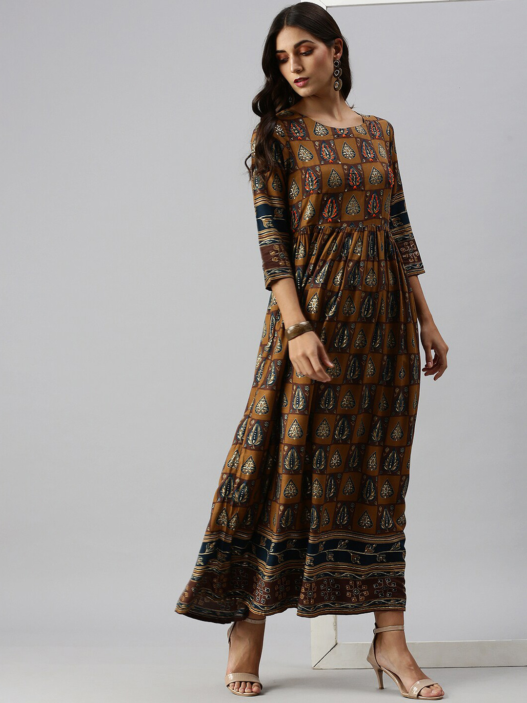 SHOWOFF Women Brown Keyhole Neck Flared Sleeves Anarkali Kurta