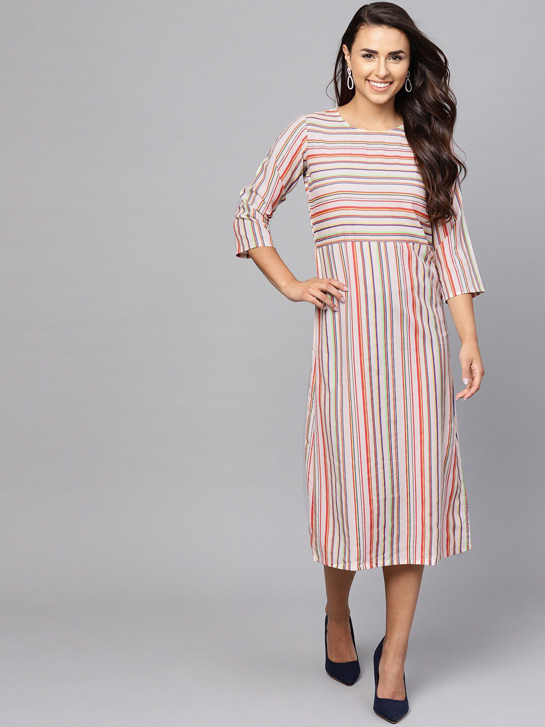 Indo Era Cream-Coloured Striped A-Line Midi Dress