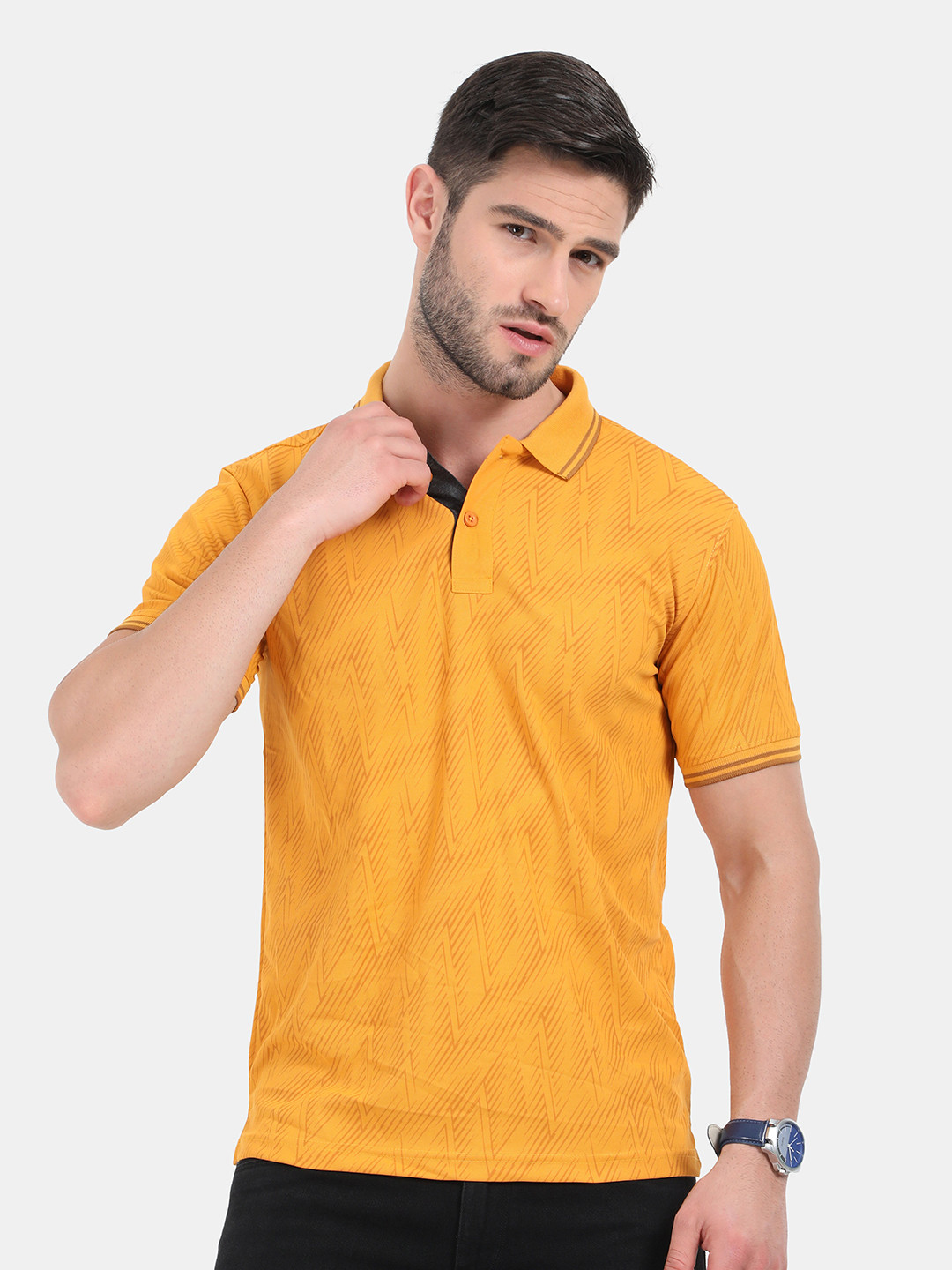 ARDEUR Men Yellow Polo Collar Dri-FIT Self Design Slim Fit T-shirt
