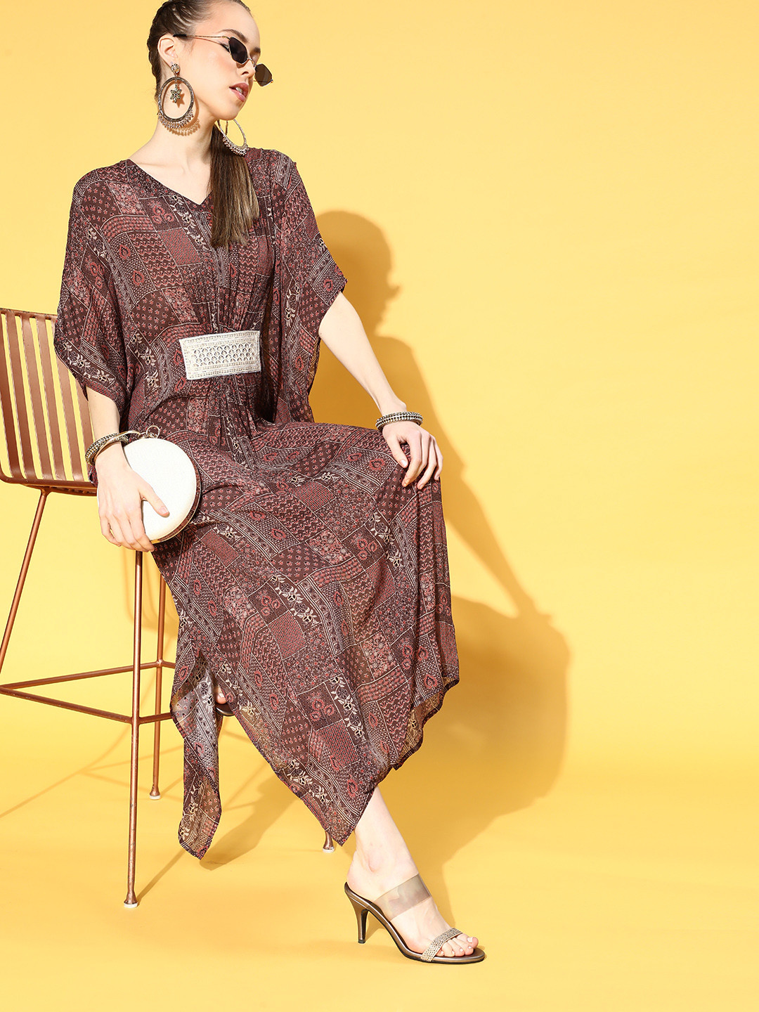 anayna Women Charming Maroon Checked Kaftan Dress