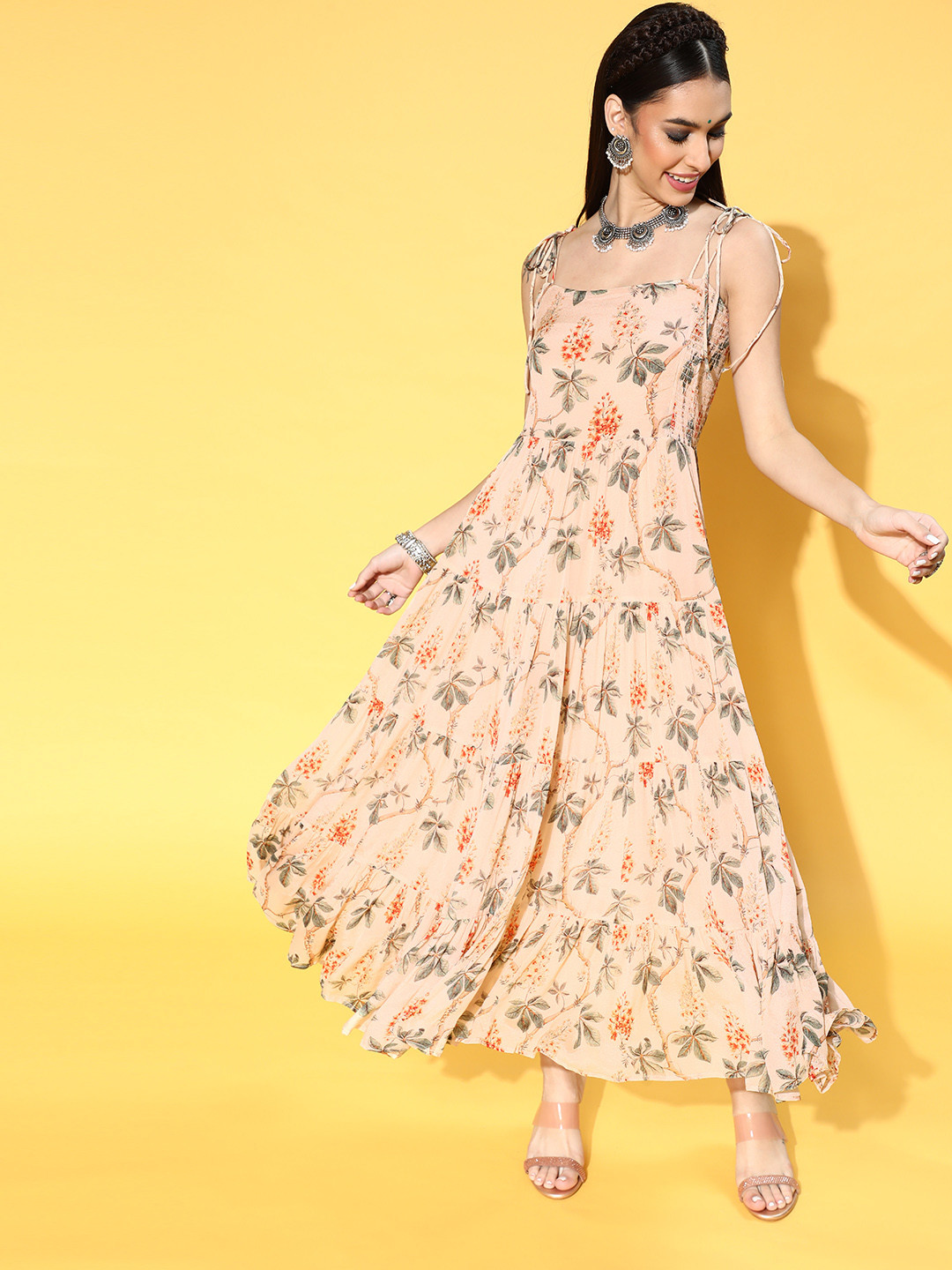 anayna Women Attractive Peach Romantic Florals Dress