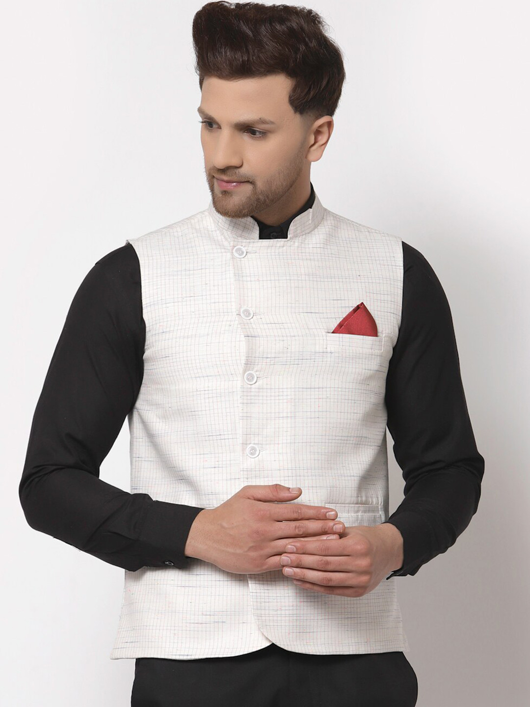 KLOTTHE Men White Striped Woven Pure Cotton Nehru Jacket