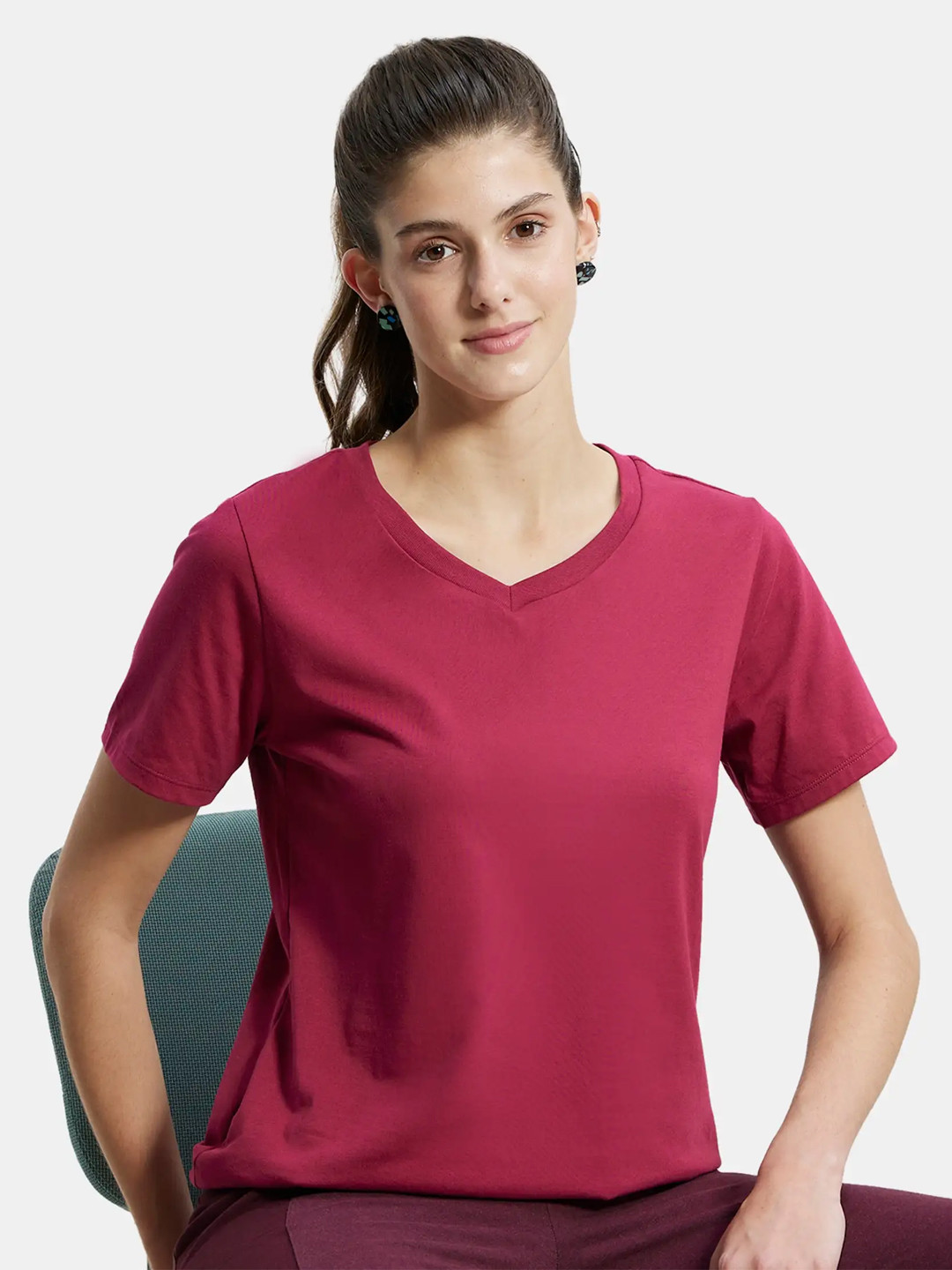 Jockey Super Combed Cotton Relaxed Fit Solid Curved Hem Styled Half Sleeve Tshirt -AW88