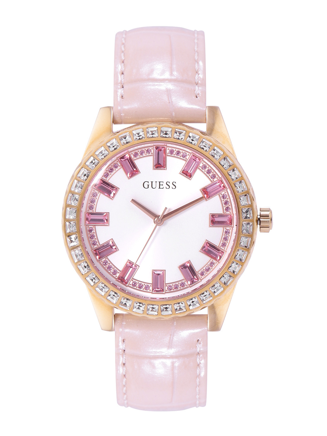 GUESS Women White Patterned Dial & Pink Leather Straps Analogue Watch GW0032L2