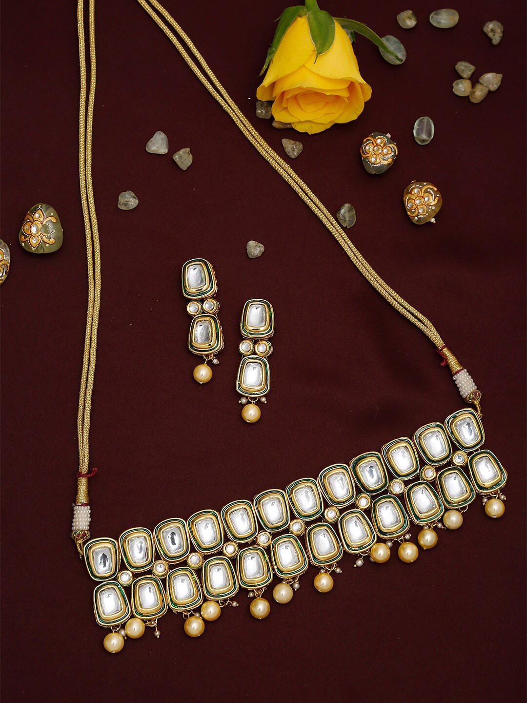Ruby Raang White & Gold Toned Meenakari Kundan Choker with Earrings