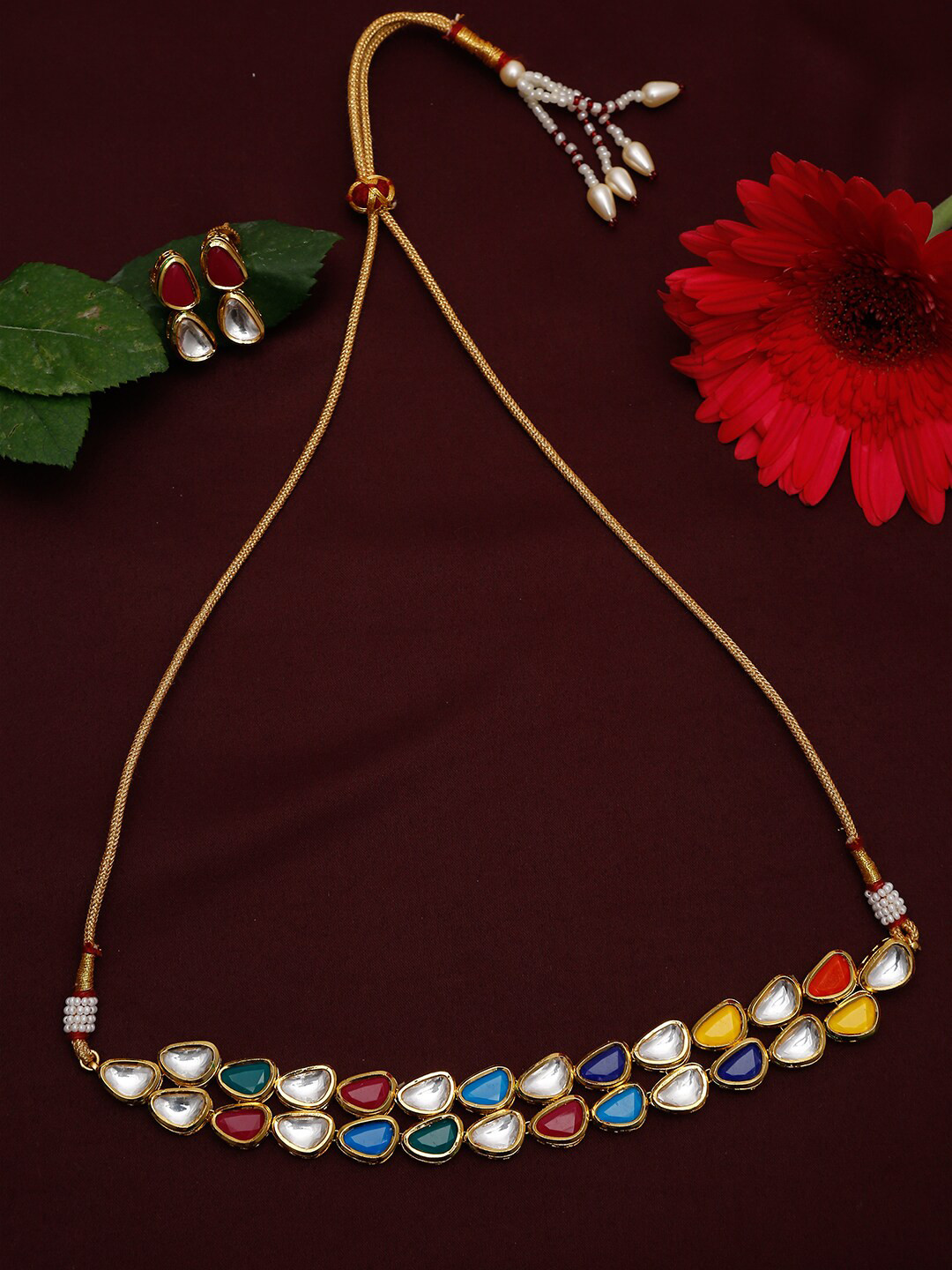 Ruby Raang Multioloured Kundan Studded Choker Jewellery Set