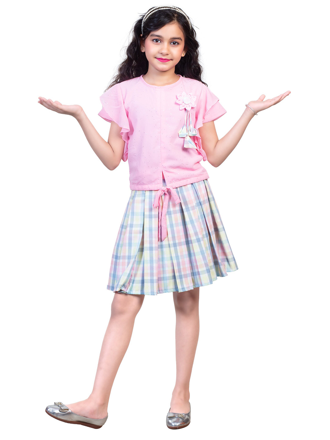 Nottie Planet Girls Pink & Blue Embellished Checked Flared Co-Ord Set