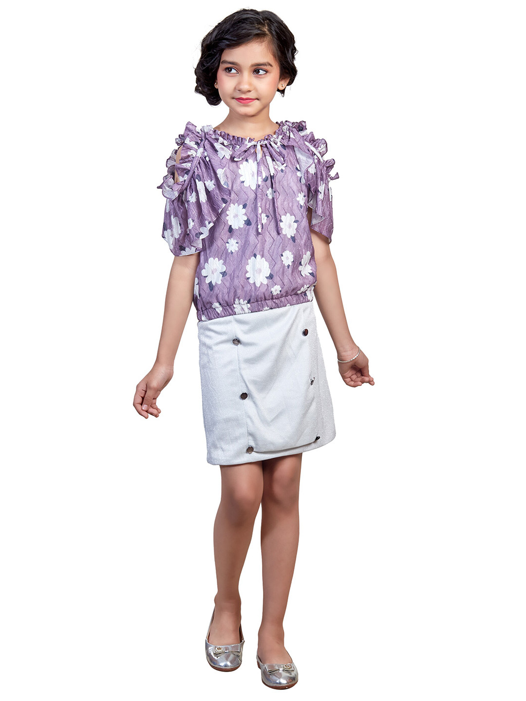 Nottie Planet Girls Purple & White Floral Printed clothing set Set