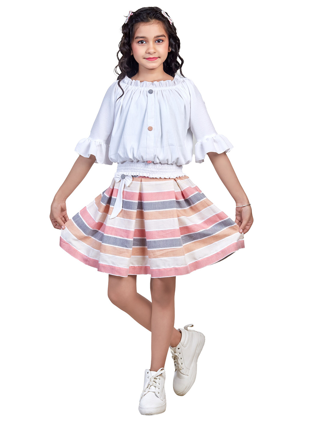 Nottie Planet Girls Coral & White Striped clothing set Set