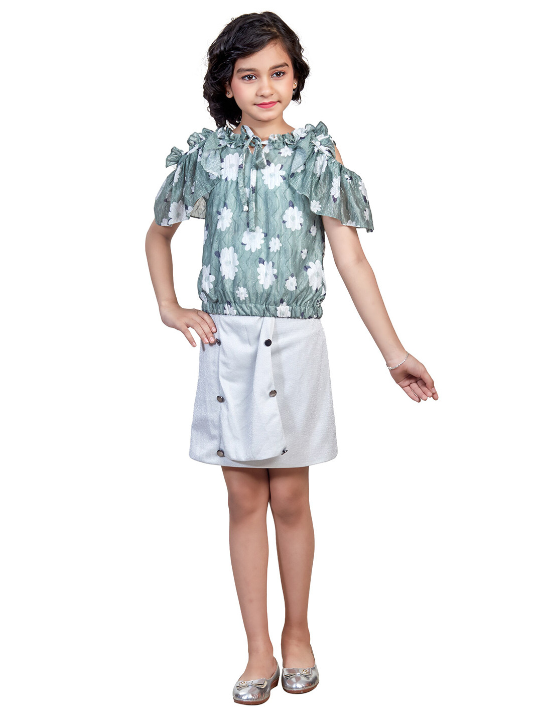 Nottie Planet Kids Girls Green & White Floral Printed clothing set Set