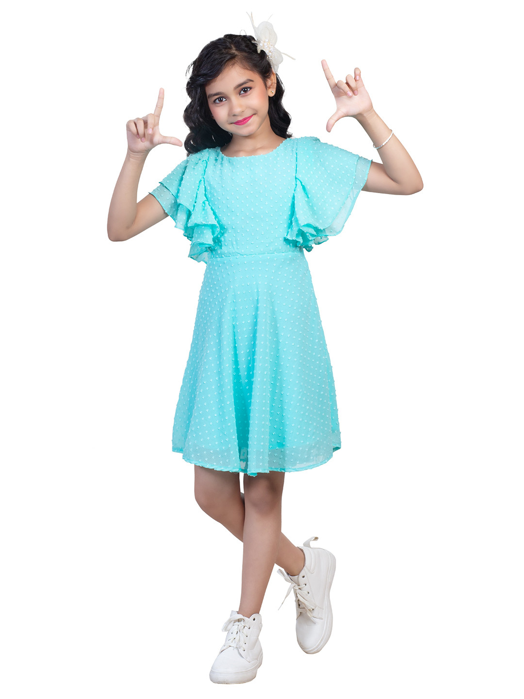 Nottie Planet Turquoise Blue Polka Dots Flutter Sleeves Dress