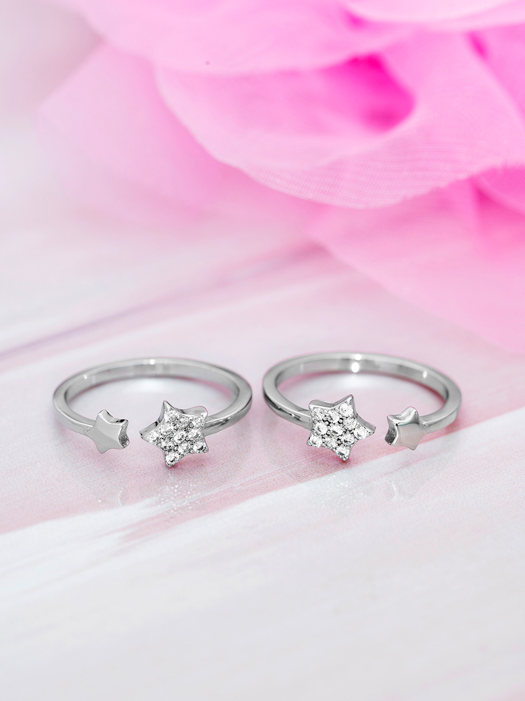 Zavya Women 925 Sterling Silver Set of 2 Transparent & Rhodium-Plated Toe Rings