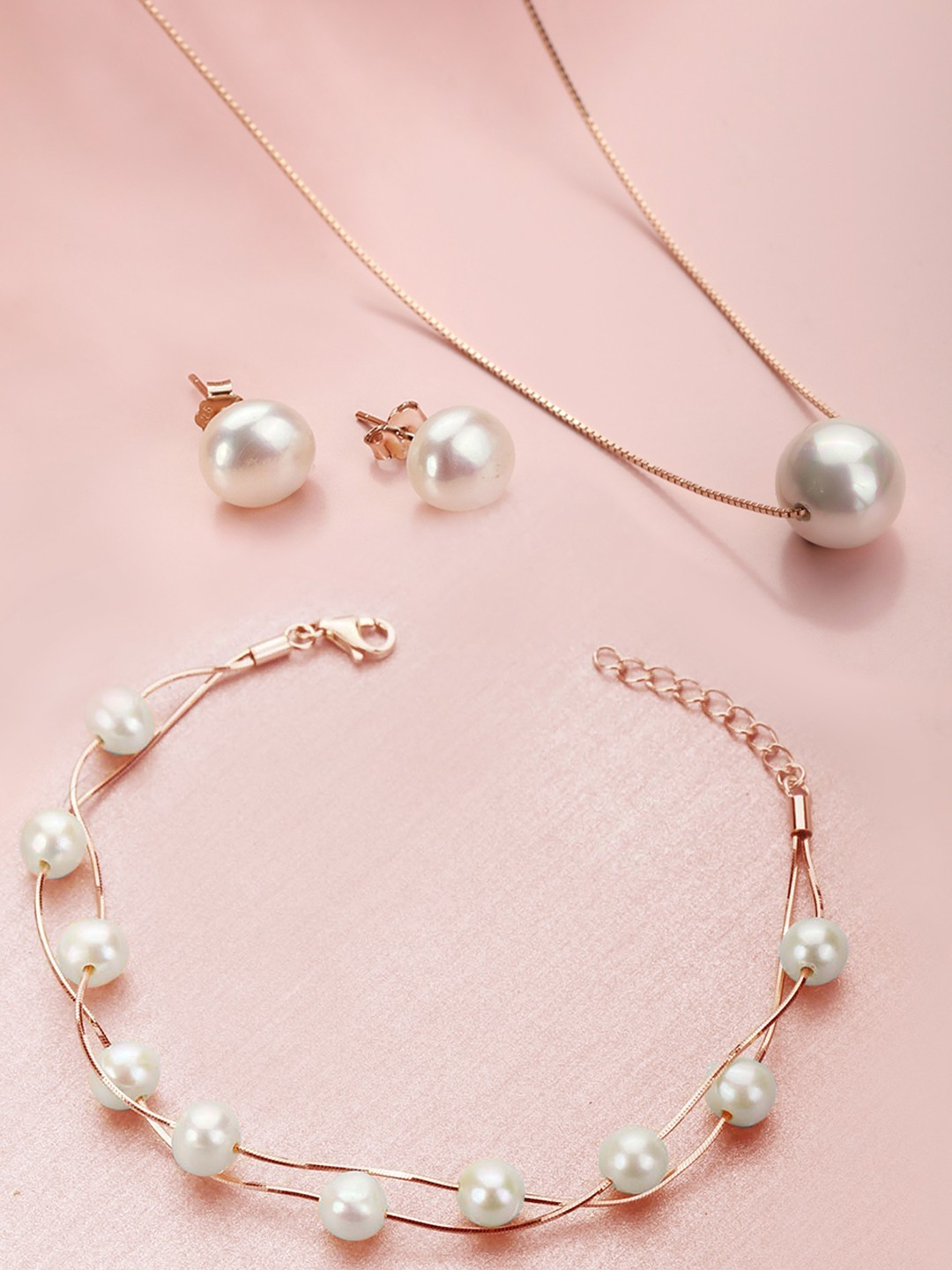 Zavya 925 Sterling Silver Rose Gold & White Pearl Jewellery Set