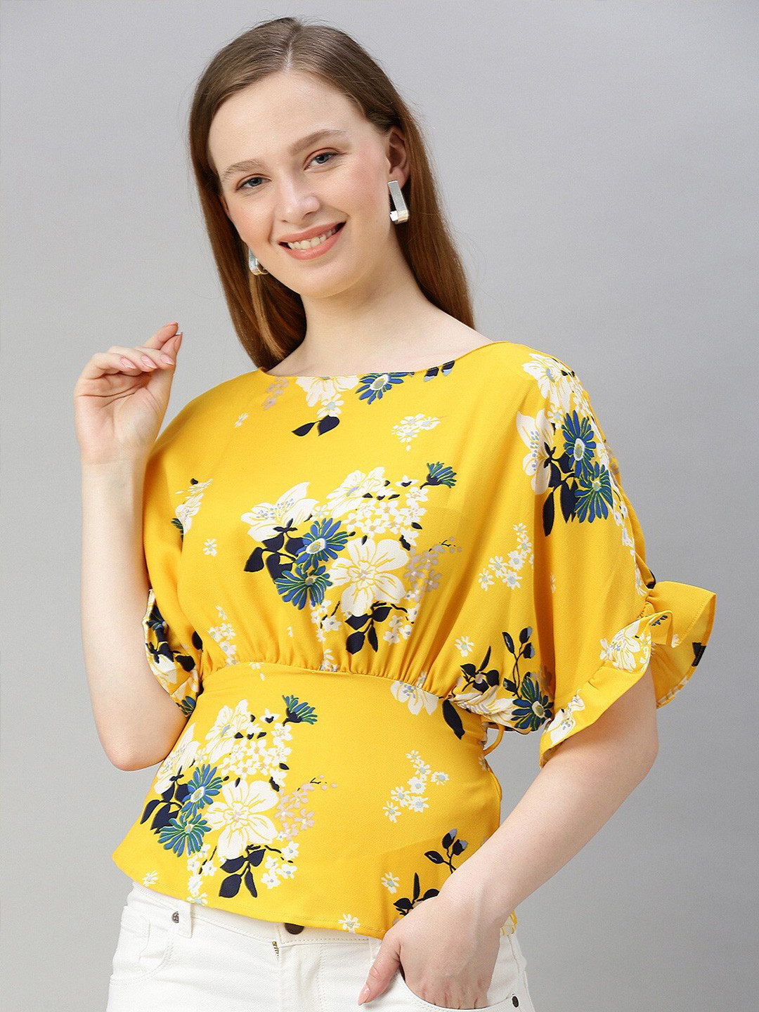 Sera Women Yellow & Green Floral Printed Round Neck Empire Top