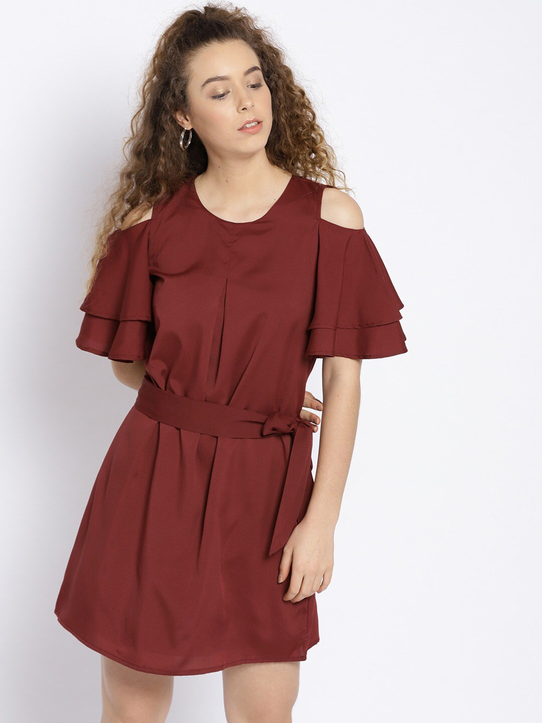 Sera Brown Solid Mini A-Line Dress