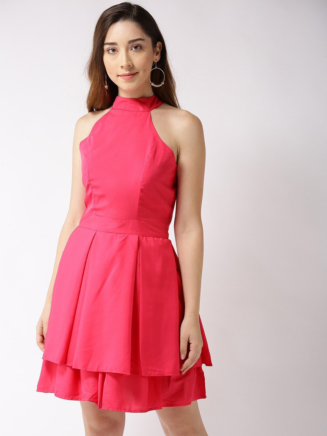 Sera Women Fuchsia Solid High Neck Fit & Flare Dress