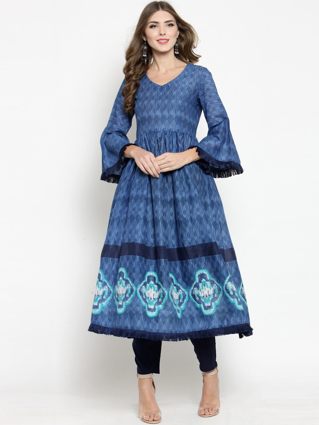 Sera Women Blue Ethnic Motifs Printed Pleated Kurti with Trousers