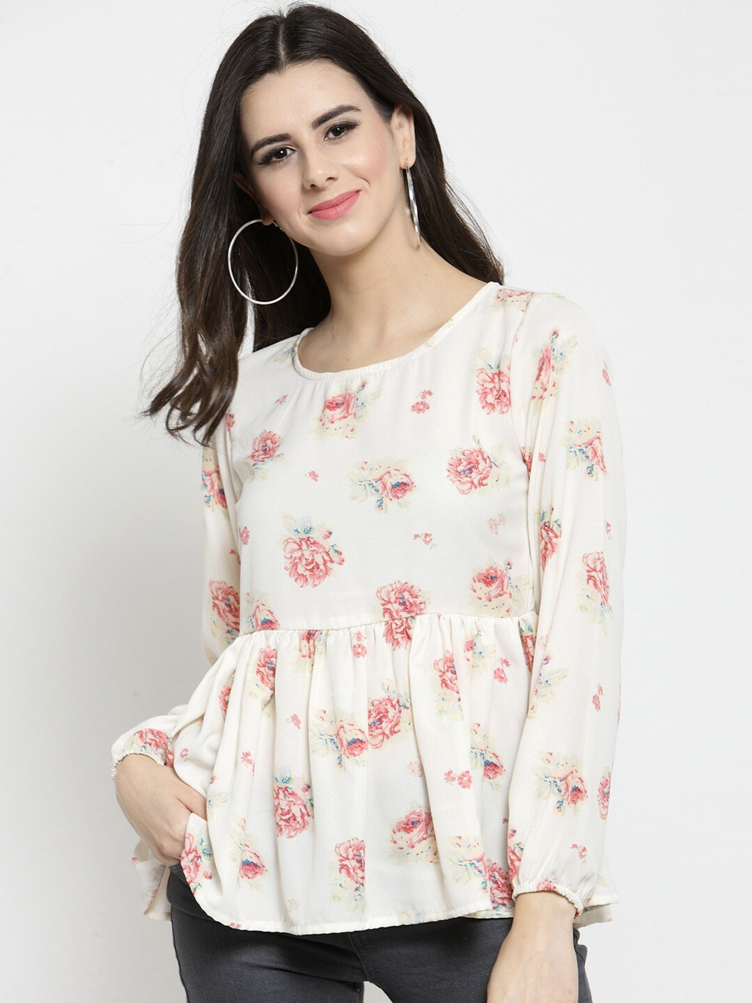 Sera Off White & Pink Floral Print Peplum Top