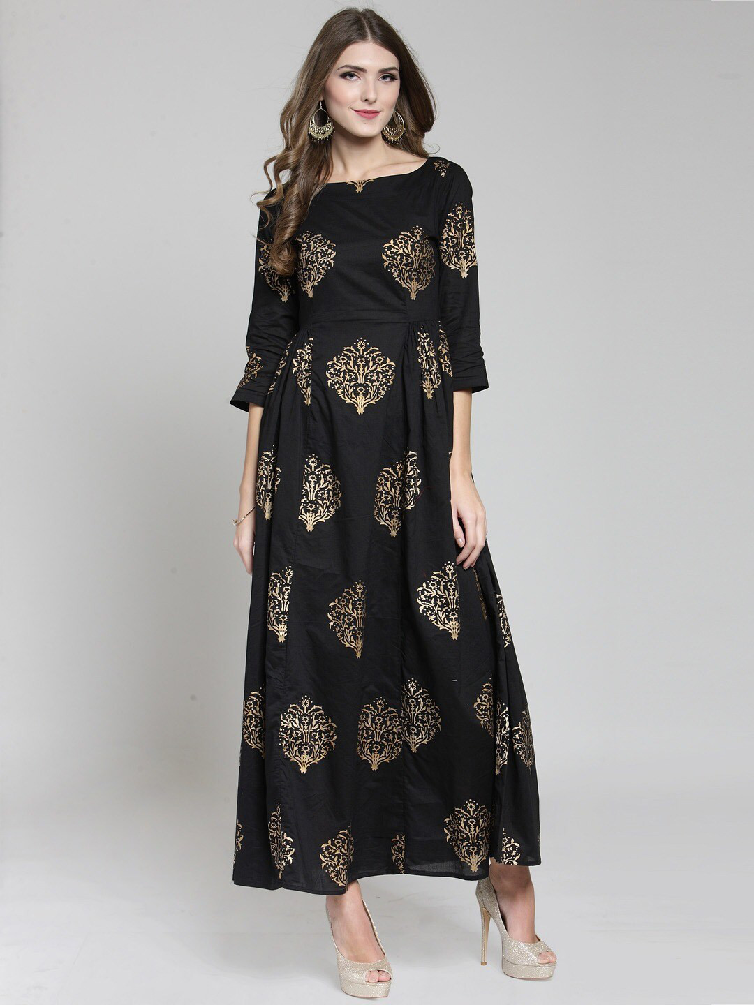 Sera Black & Gold Coloured Ethnic Motifs Ethnic Maxi Dress