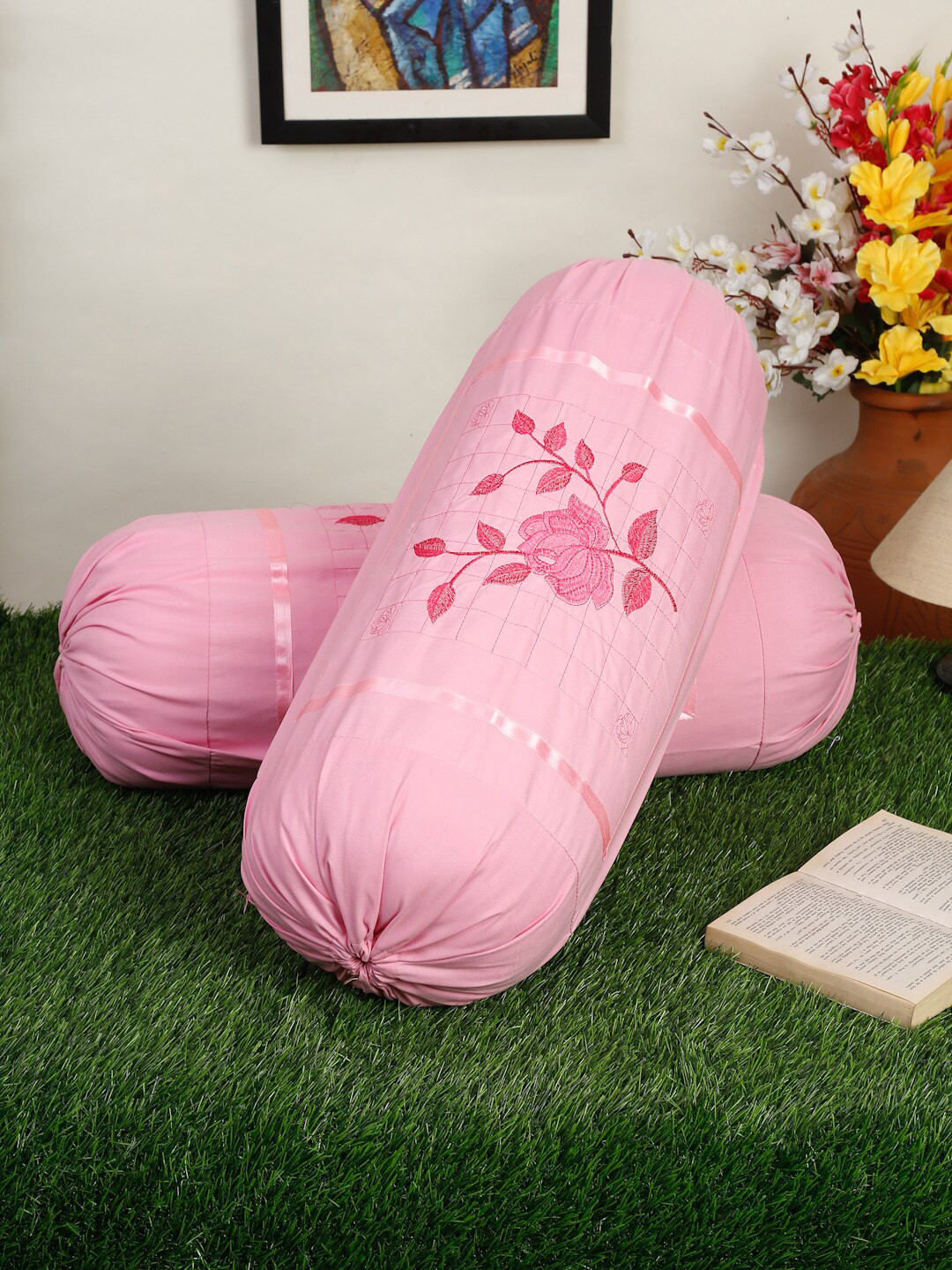 HOSTA HOMES Pack Of 2 Pink Embroidered Pure Cotton Bolster Covers