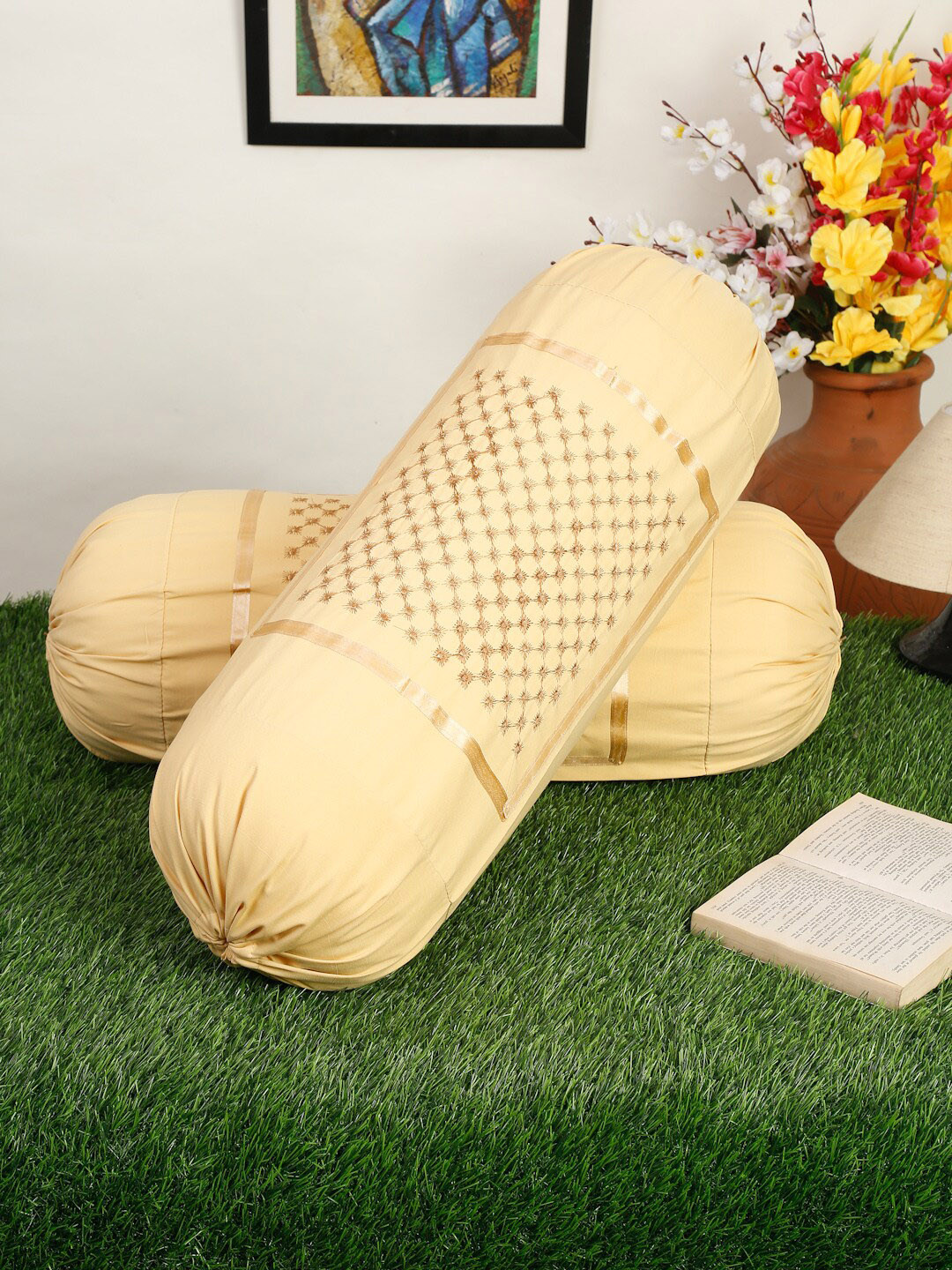 HOSTA HOMES Set Of 2 Yellow & Gold Toned Embroidered Pure Cotton Bolster Covers
