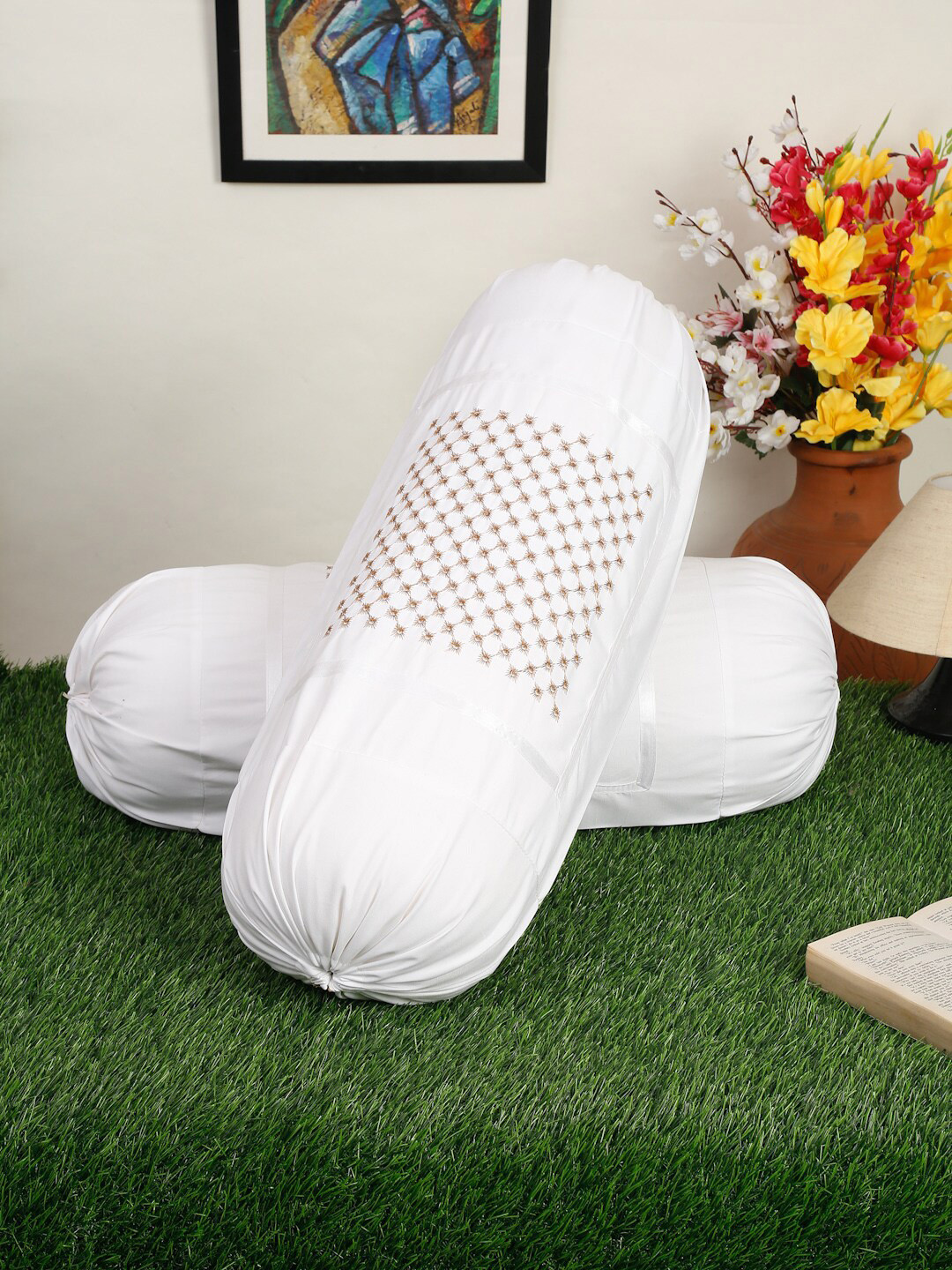 HOSTA HOMES Set of 2 White Embroidered Pure Cotton Bolster Covers