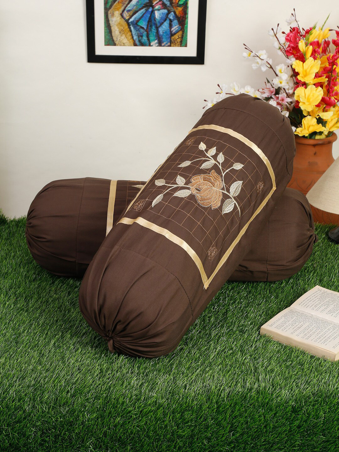 HOSTA HOMES Set Of 2 Brown Embroidered Cotton Bolster Covers