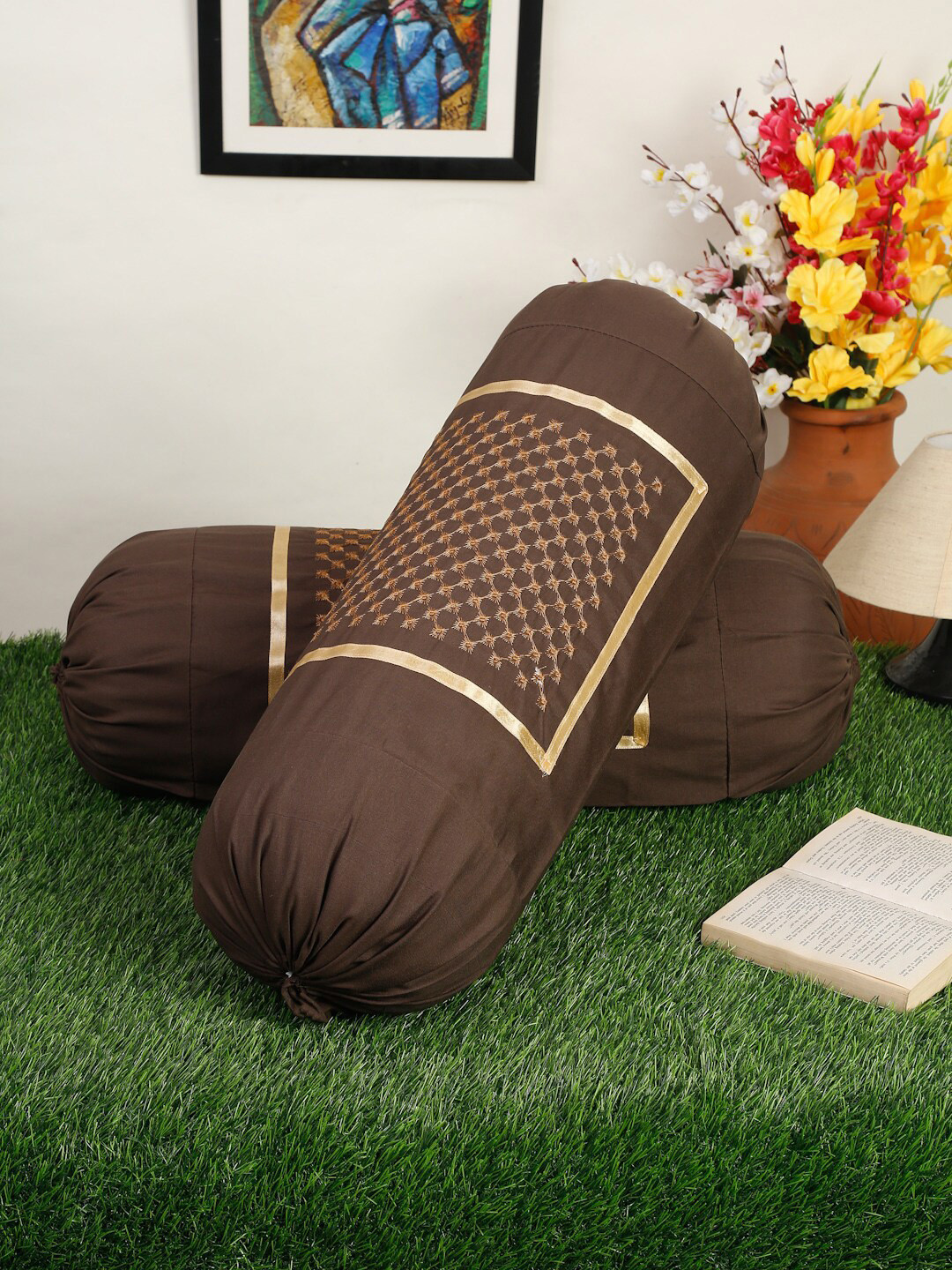 HOSTA HOMES Set Of 2 Brown Embroidered Pure Cotton Bolster Cover