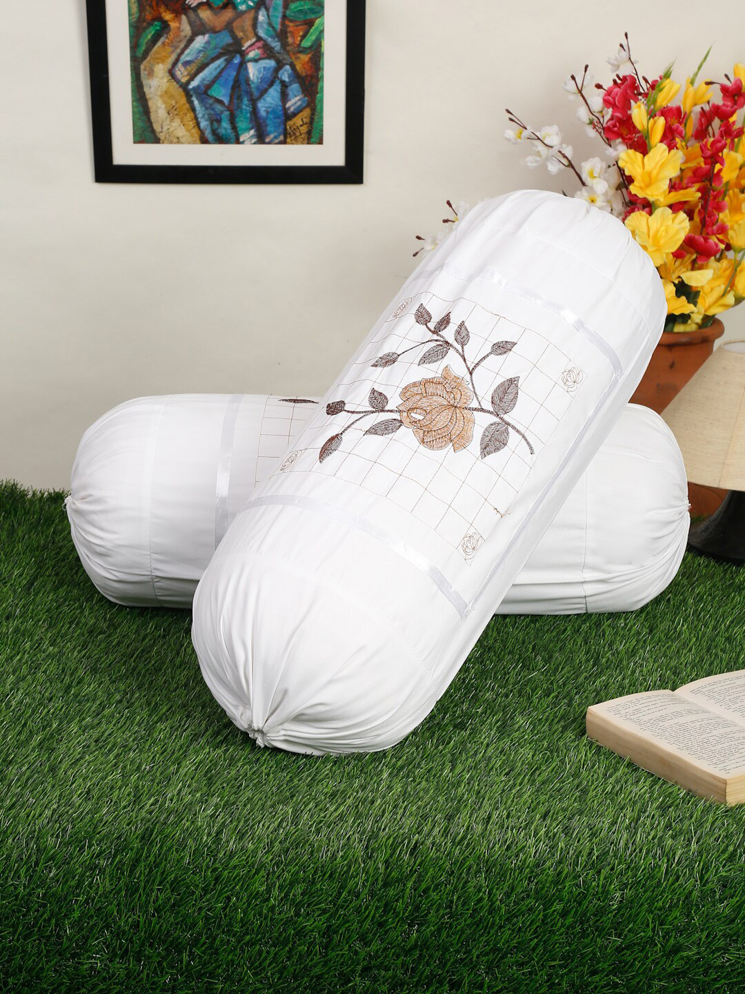 HOSTA HOMES Set Of 2 White Embroidered Pure Cotton Bolster Covers