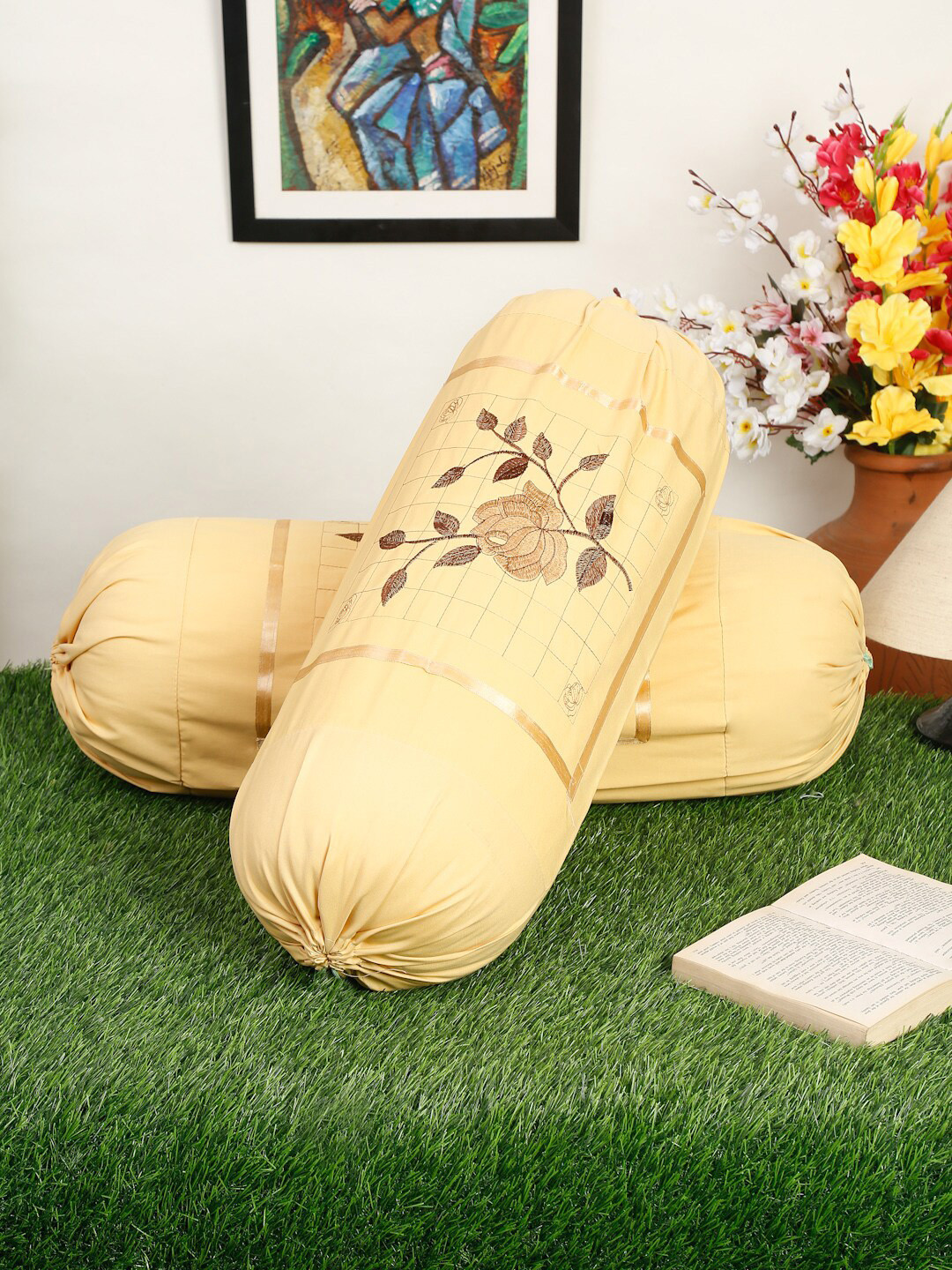HOSTA HOMES Set Of 2 Yellow & Brown Embroidered Pure Cotton Bolster Covers