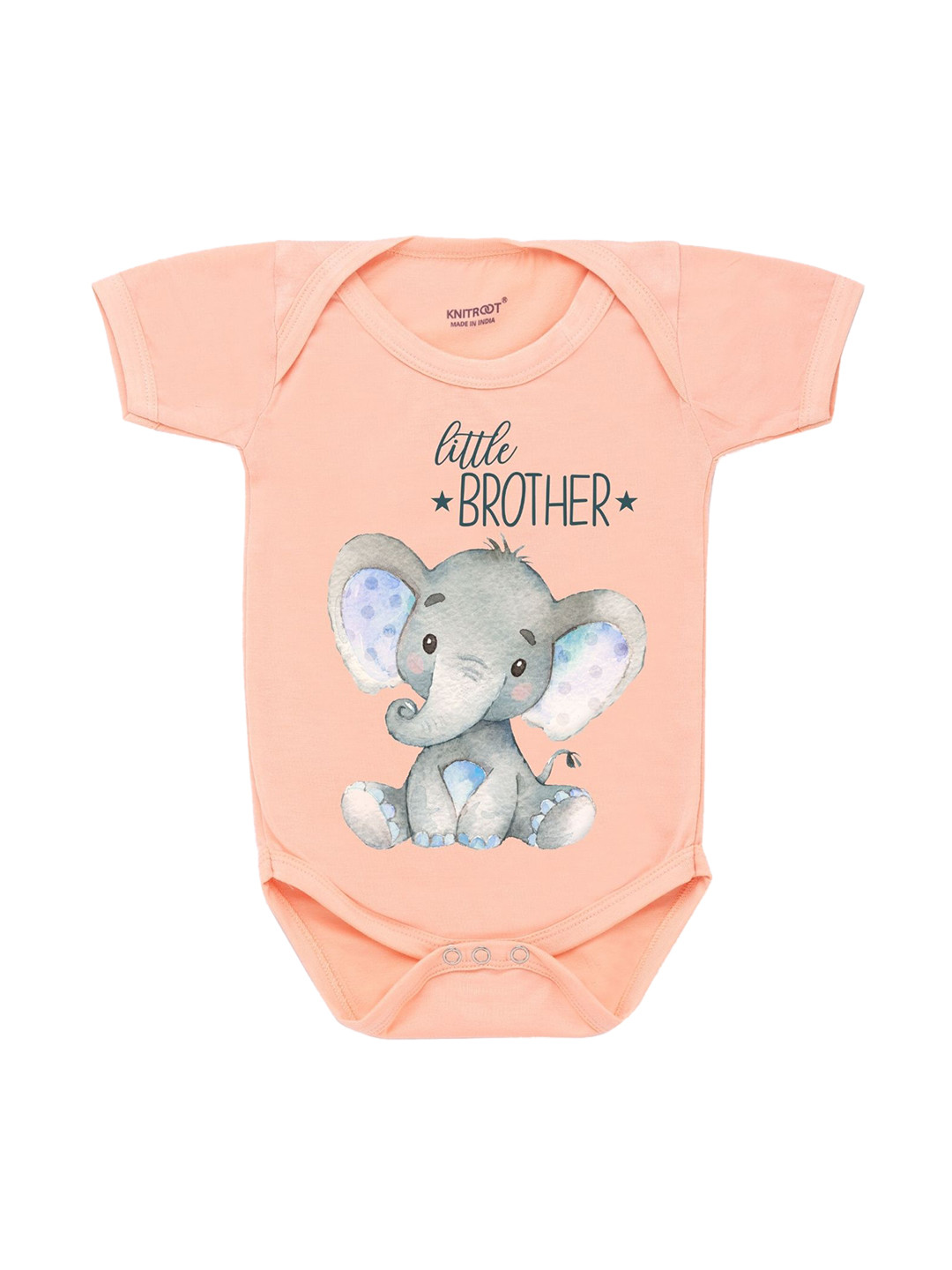 KNITROOT Infants Kids Peach & Grey Elephant Printed Cotton Bodysuit