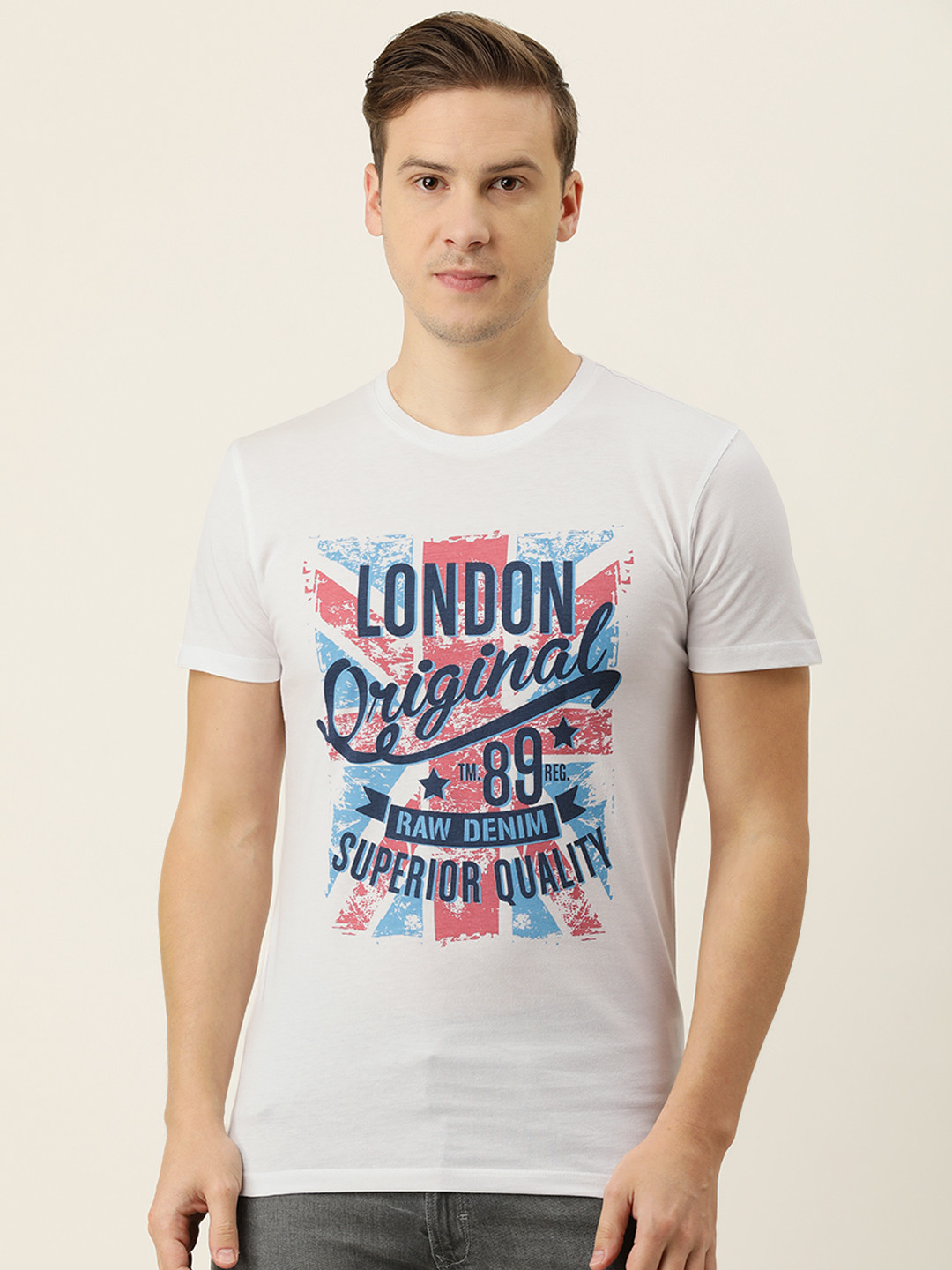 PETER ENGLAND UNIVERSITY Men White & Navy Blue Typography Printed Slim Fit T-shirt