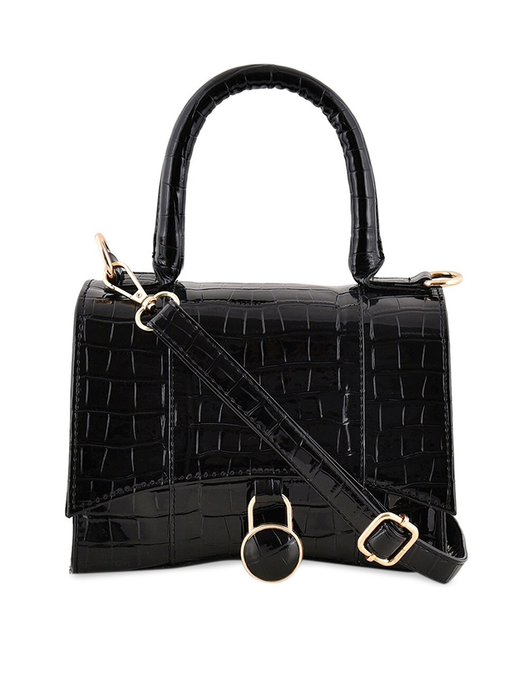 Lychee bags Black Textured PU Structured Handheld Bag