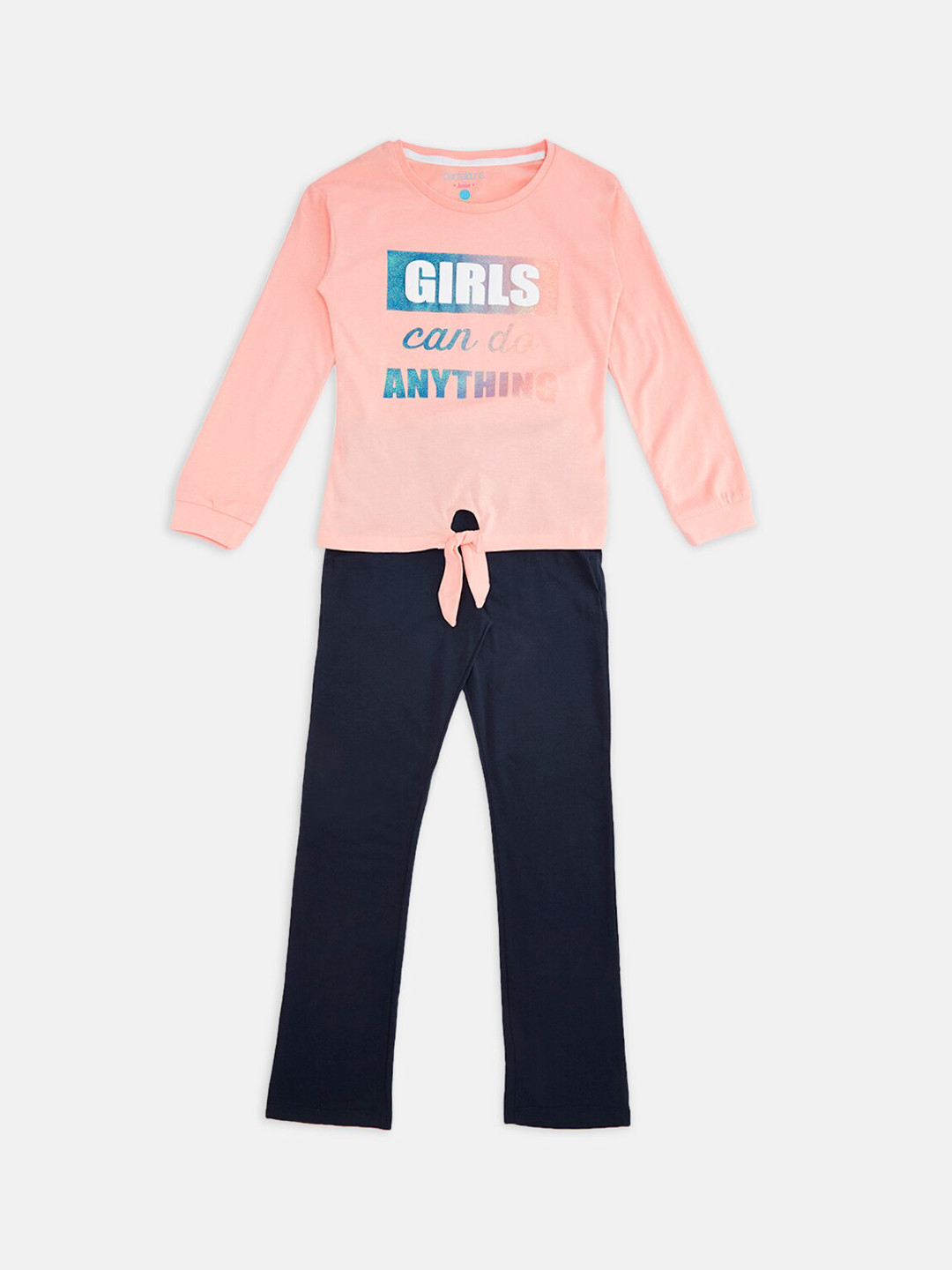 Pantaloons Junior Girls Coral & Navy Blue Printed Night suit