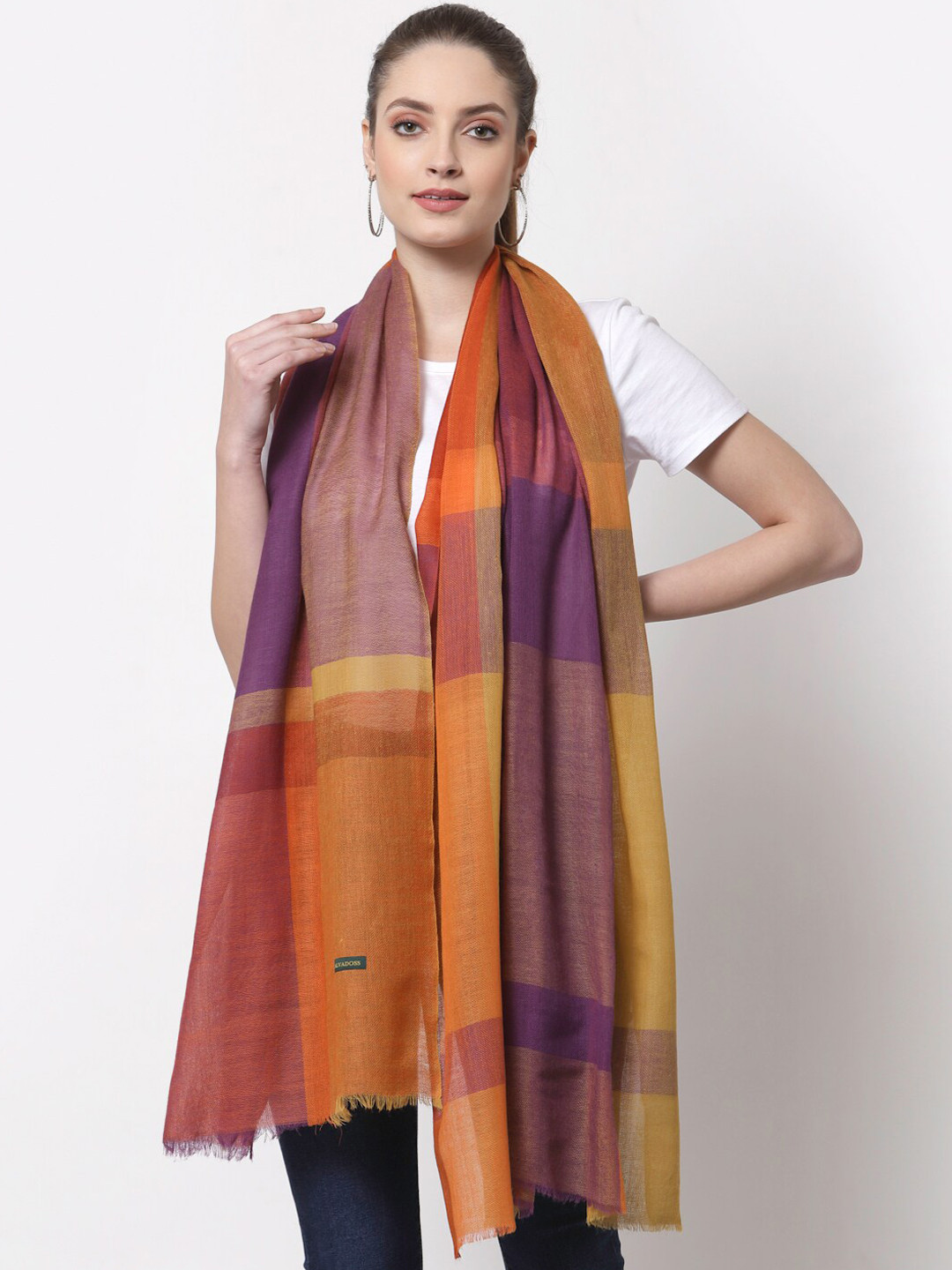 Calvadoss Women Orange & Purple Checked Woolen Muffler