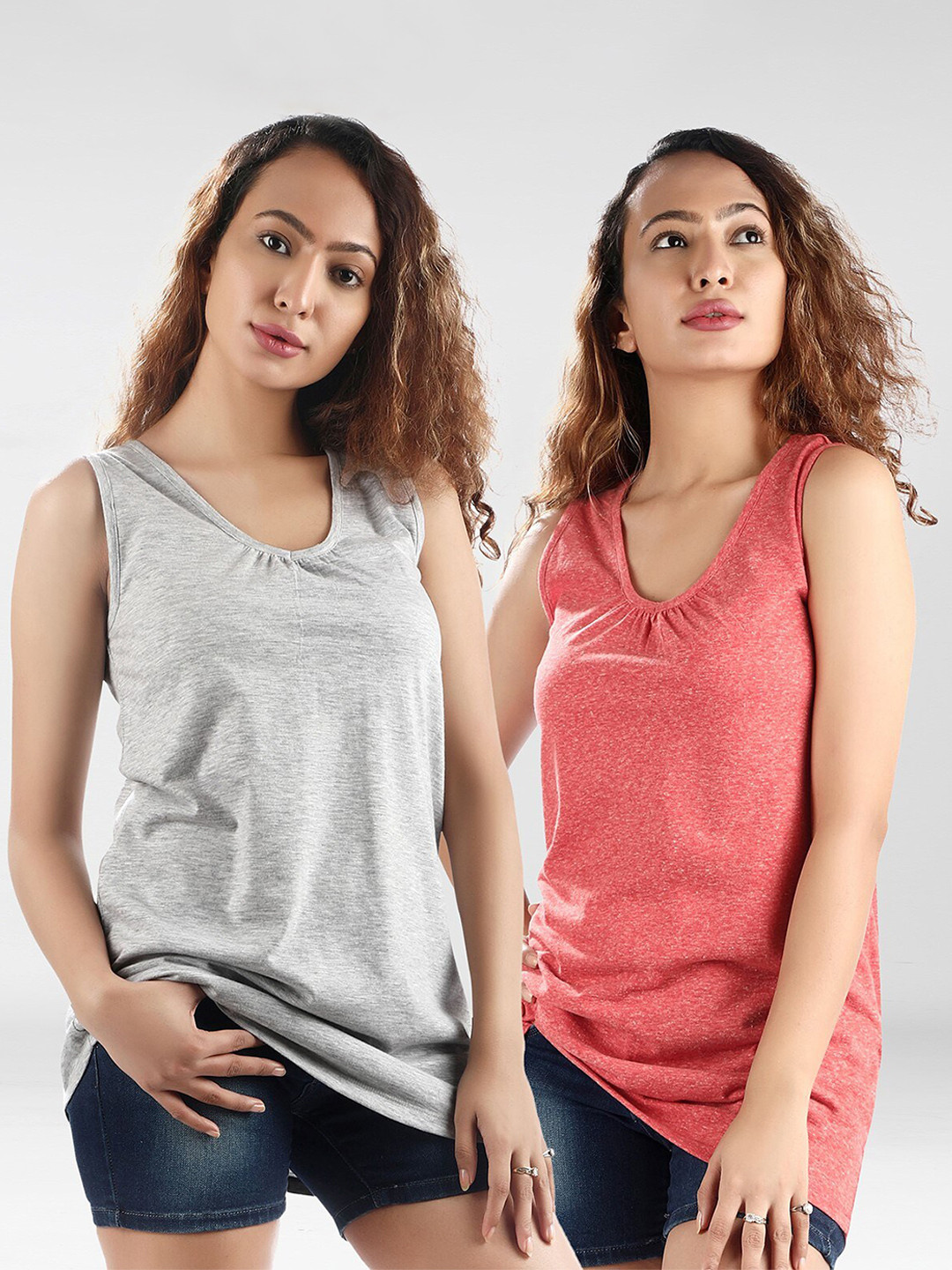 Dream of Glory Inc Women Pack of 2 Grey & Pink Solid Scoop Neck Tank Top