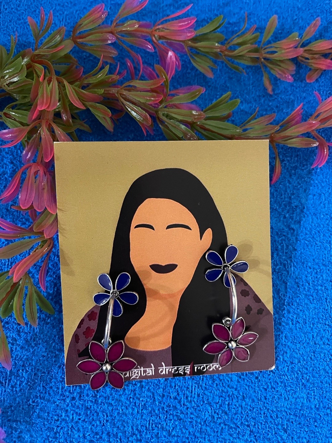 Digital Dress Room Blue & Pink German Silver Floral Drop Earrings