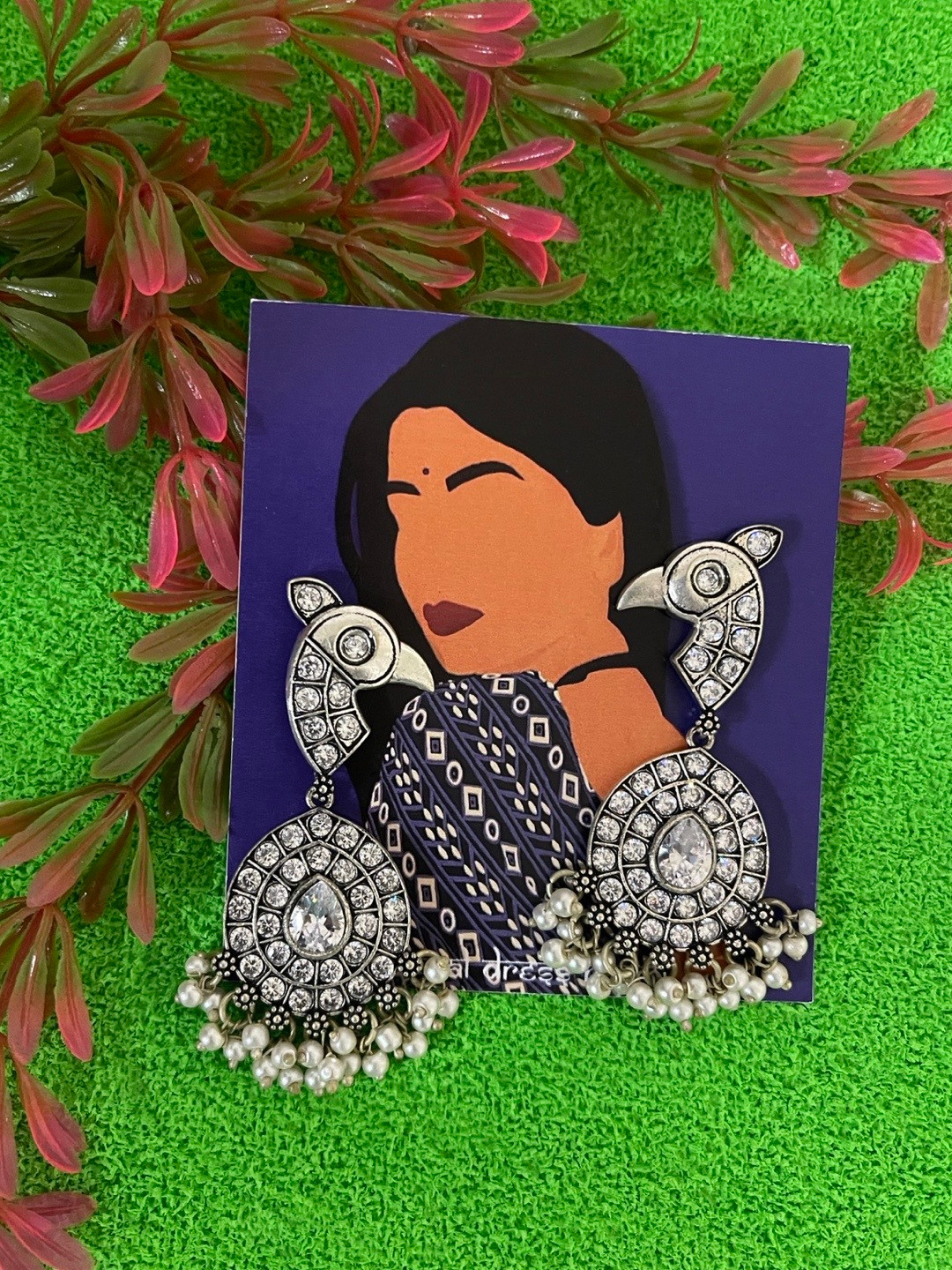 Digital Dress Room White & German Silver Peacock Shaped Drop Earrings