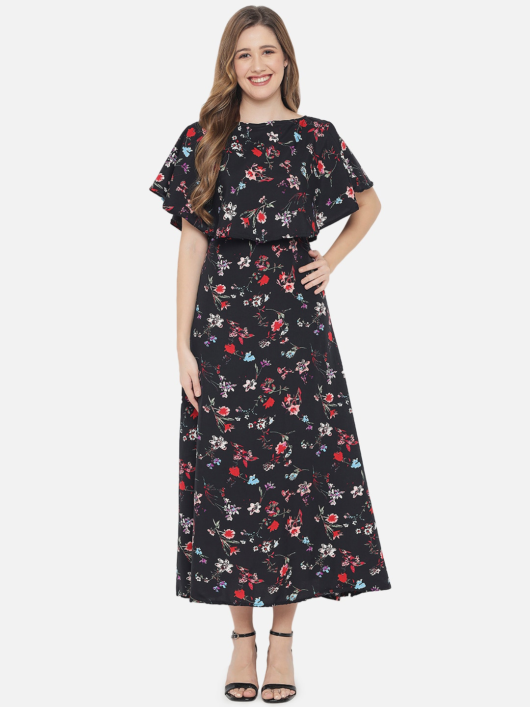 Indietoga Women Black Floral Cape Maxi Dress