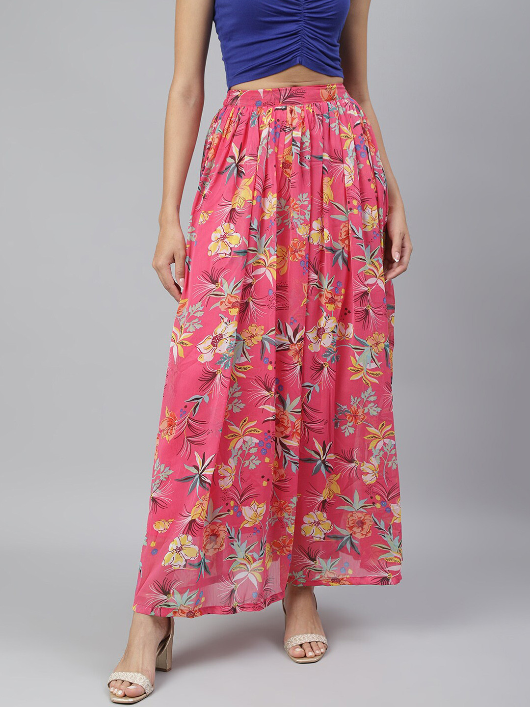 SCORPIUS Women Pink Floral Printed Flared Maxi-Skirt