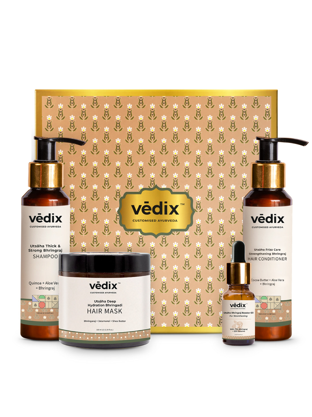 VEDIX Set of 4 Ayurvedic Utsaha Bhringadi Shampoo, Conditioner, Booster Oil & Hair Mask
